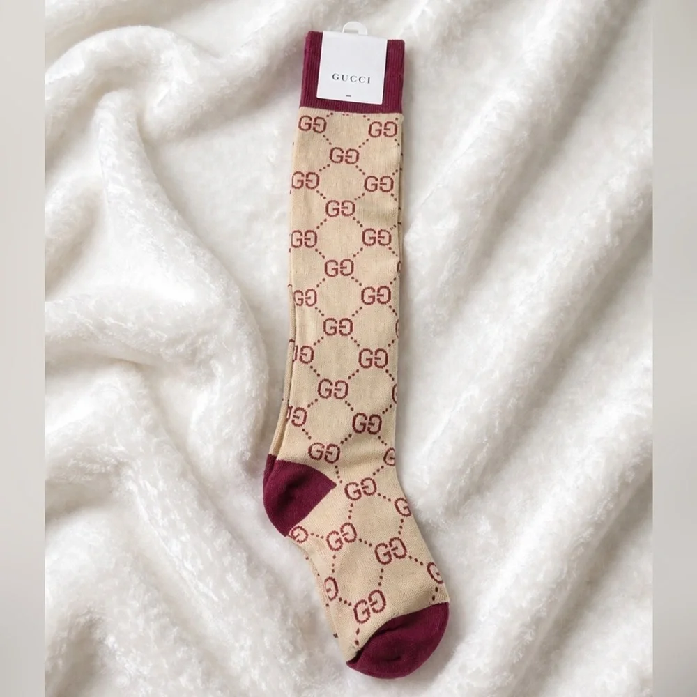 Luxury Tan & Red Gucci Knee High Socks